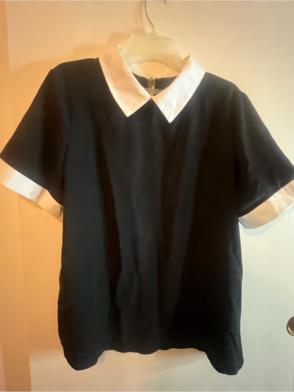 SHEIN Black Blouse with White Pointed Collar and Cuff Trim